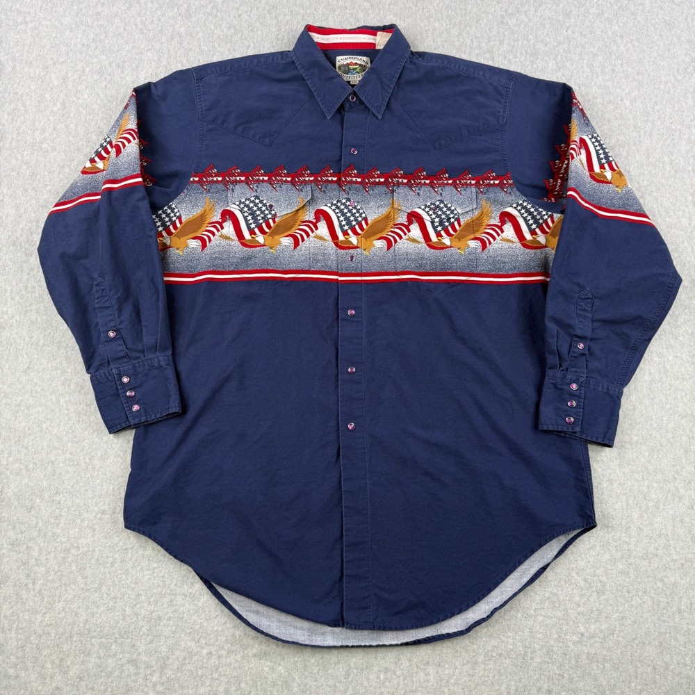 Cumberland Outfitters Shirt Mens 2XL Blue Pearl Snap Eagle American Flag Western